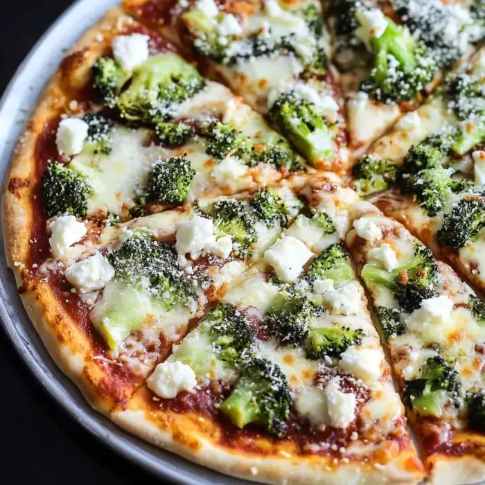 A close-up view of a pizza topped with broccoli and white cheese on a golden crust.