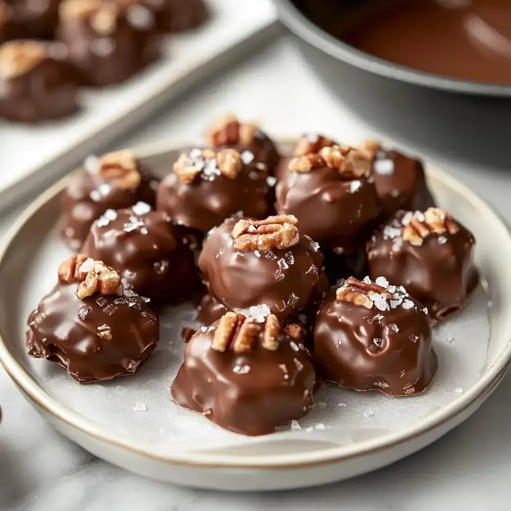 A plate of chocolate-covered treats topped with pecans and sprinkled with sea salt.