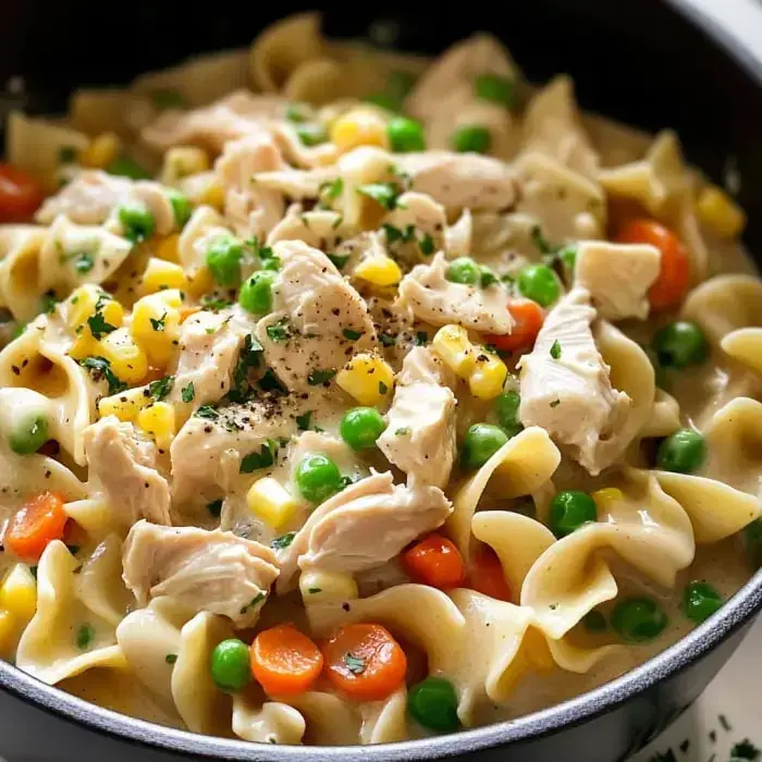 A creamy pasta dish featuring rotini noodles, chunks of chicken, and a mix of colorful vegetables such as peas, corn, and carrots.