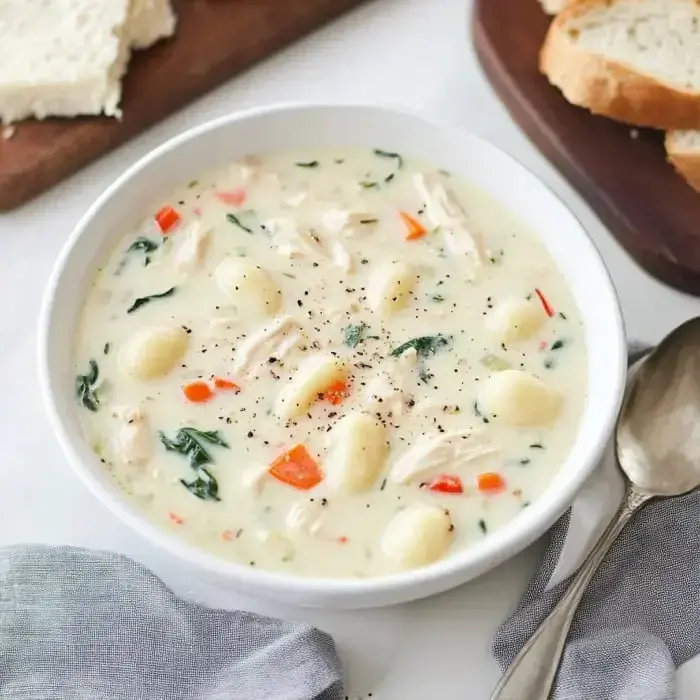 A bowl of creamy chicken and gnocchi soup with spinach and red peppers, accompanied by slices of bread on a wooden cutting board.