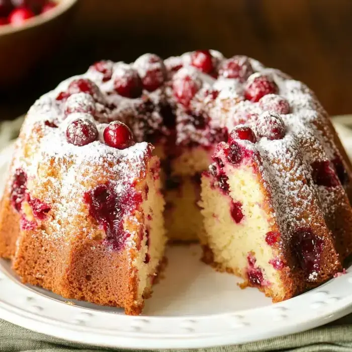 A sliced bundt cake topped with cranberries and dusted with powdered sugar on a decorative plate.