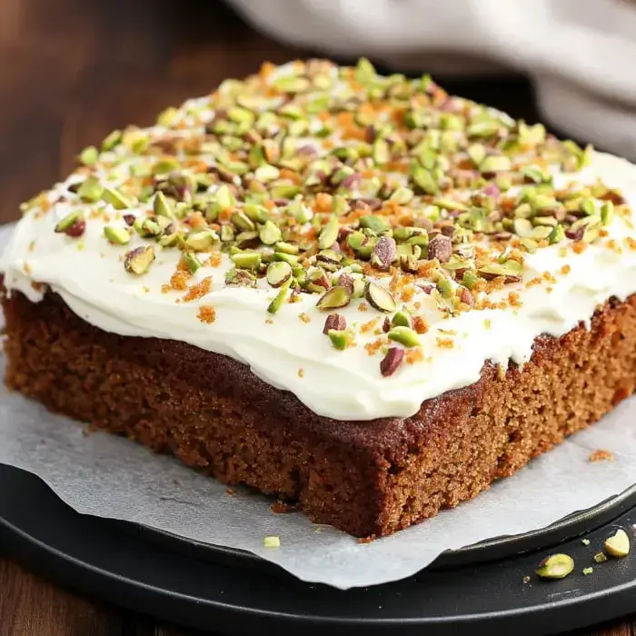 A rectangular cake topped with cream frosting and garnished with chopped pistachios and crumbs.