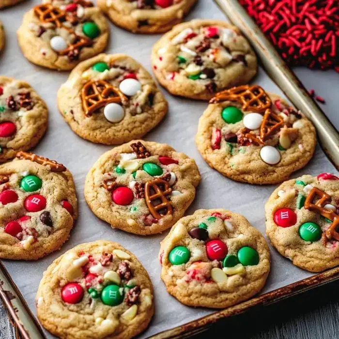 A tray of freshly baked cookies decorated with colorful candy, pretzels, and festive sprinkles.