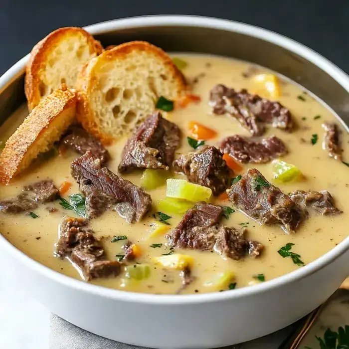 A white bowl filled with creamy soup containing chunks of beef, carrots, celery, and garnished with sprigs of parsley, accompanied by slices of toasted bread.