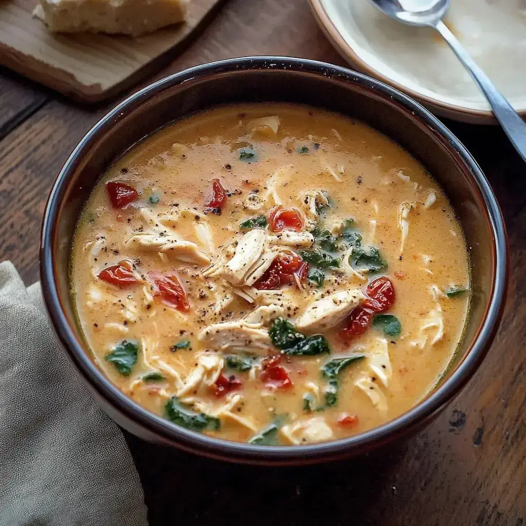 A bowl of creamy soup contains shredded chicken, spinach, and diced tomatoes, accompanied by a piece of bread on a wooden surface.