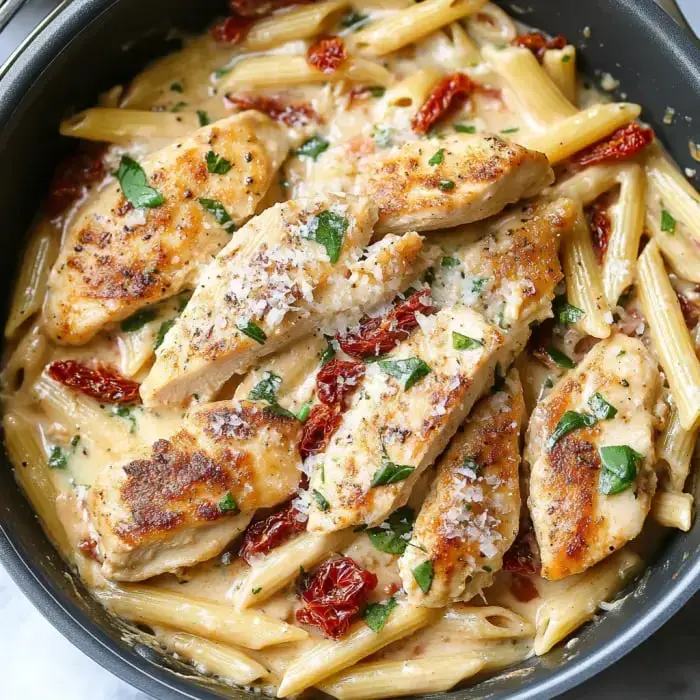 A creamy pasta dish features grilled chicken slices, sun-dried tomatoes, and fresh herbs, all served in a black skillet.