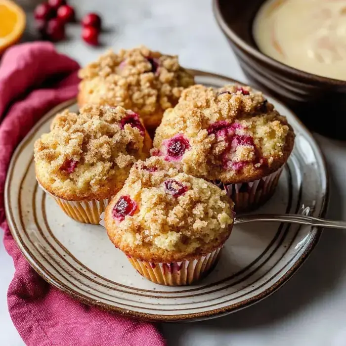 A plate of freshly baked cranberry muffins topped with a crumbly streusel, accompanied by a pink cloth and a bowl of cream in the background.