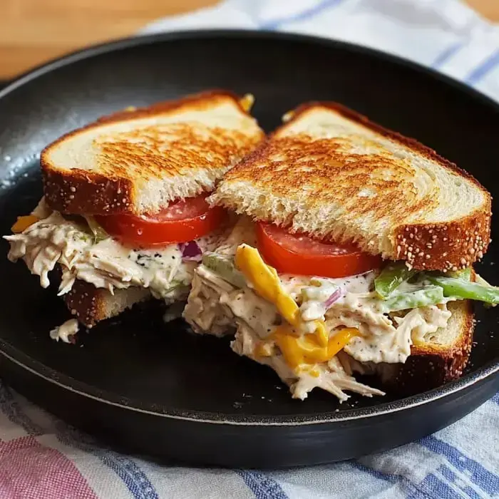 A toasted sandwich filled with chicken salad, lettuce, tomato, and cheese, served on a black plate.