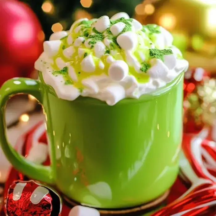 A bright green mug filled with whipped cream, colorful toppings, and marshmallows, set against a festive background.