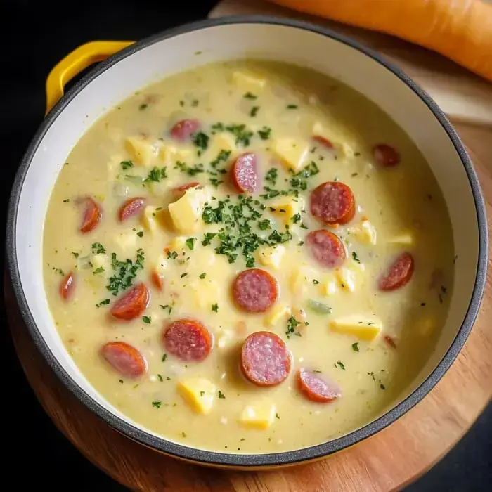 A creamy soup with sliced sausage, diced potatoes, and garnished with chopped parsley in a white pot.