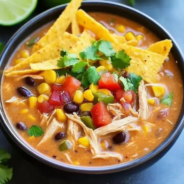 A bowl of colorful chicken tortilla soup garnished with tortilla chips, cilantro, and diced vegetables.