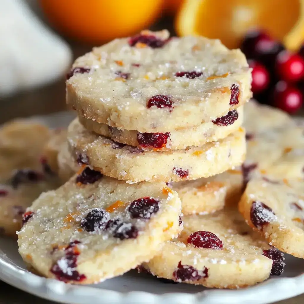 A stack of sugar-dusted cookies with cranberries and orange zest, resting on a white plate, with fresh oranges and cranberries in the background.