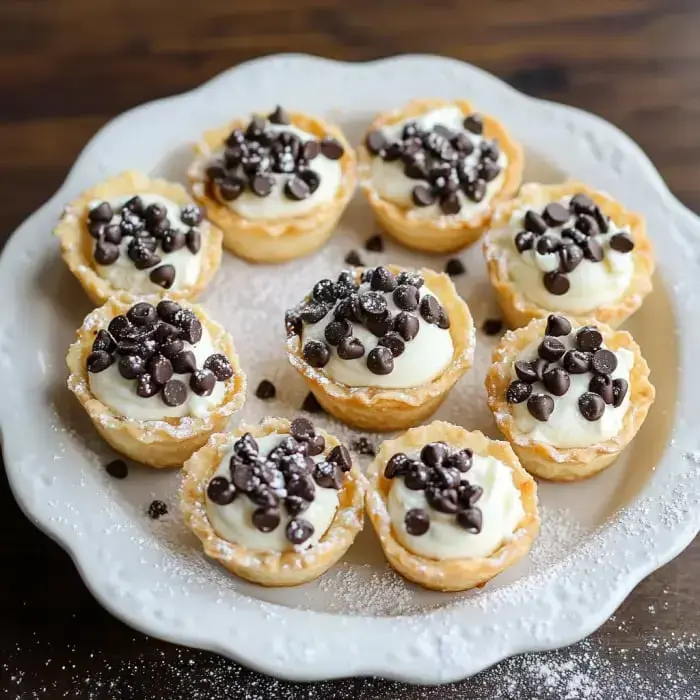 A plate of dessert cups filled with cream and topped with chocolate chips, dusted with powdered sugar.