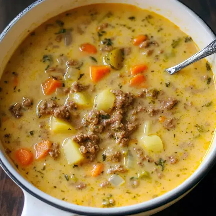 A creamy soup with ground beef, potatoes, carrots, and herbs, served in a white bowl with a metal spoon.