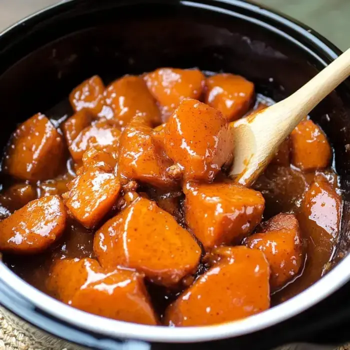 A close-up of sweet potatoes coated in a glossy brown sauce, with a wooden spoon resting among the chunks in a black bowl.