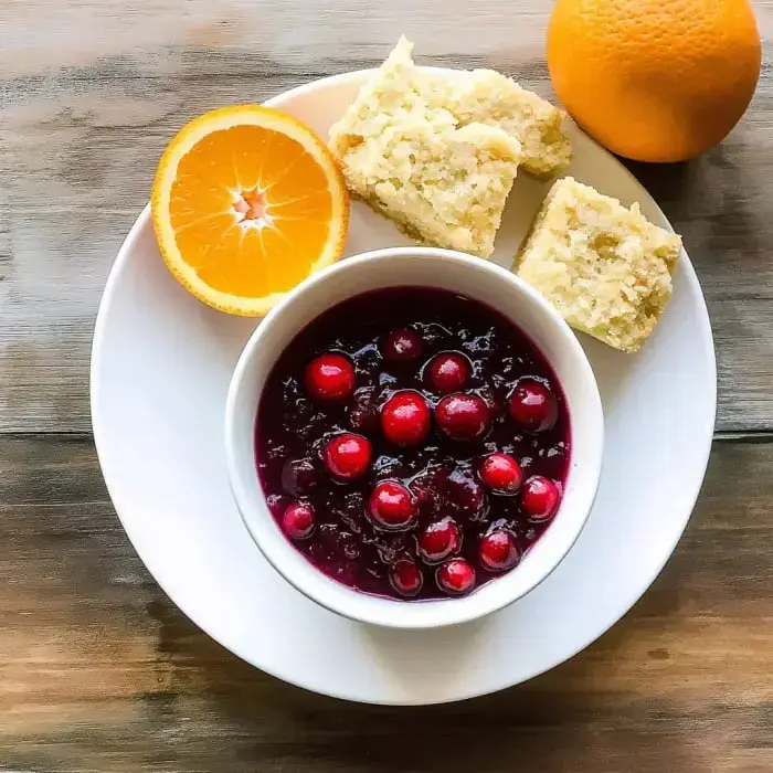 A plate featuring a bowl of cranberry sauce with whole cranberries, two pieces of cornbread, and a sliced orange.