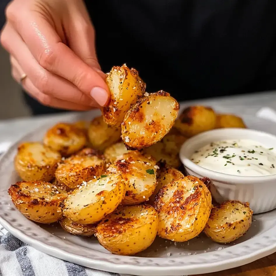 A hand is reaching for a crispy, roasted potato with a side of creamy dipping sauce on a plate.