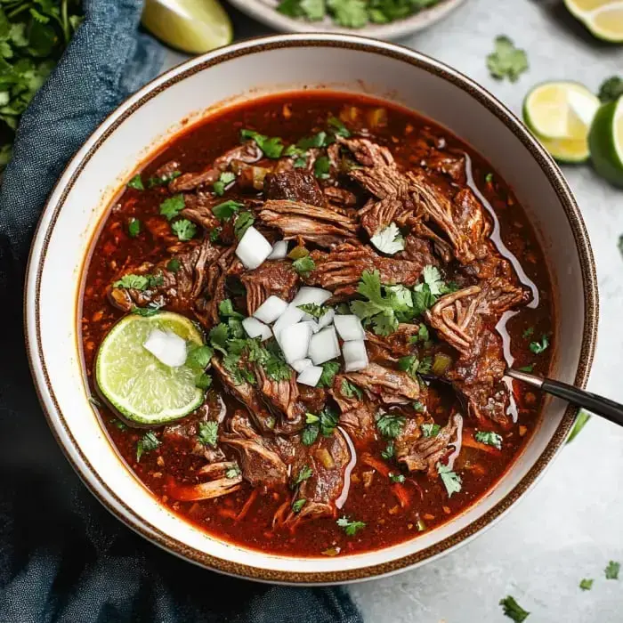 A bowl of rich, red chili made with shredded beef, topped with cilantro, diced onions, and a lime wedge.