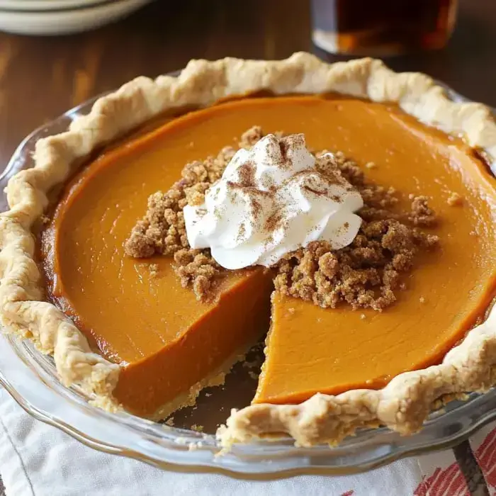 A pumpkin pie with a slice removed, topped with whipped cream and crumbled topping, displayed in a glass pie dish.