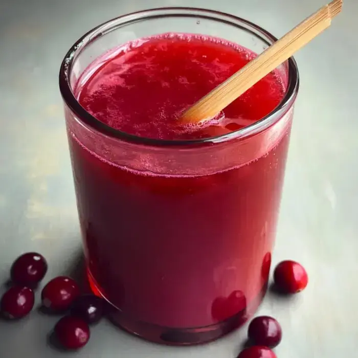 A glass filled with vibrant red juice and a wooden stirrer, surrounded by fresh cranberries.