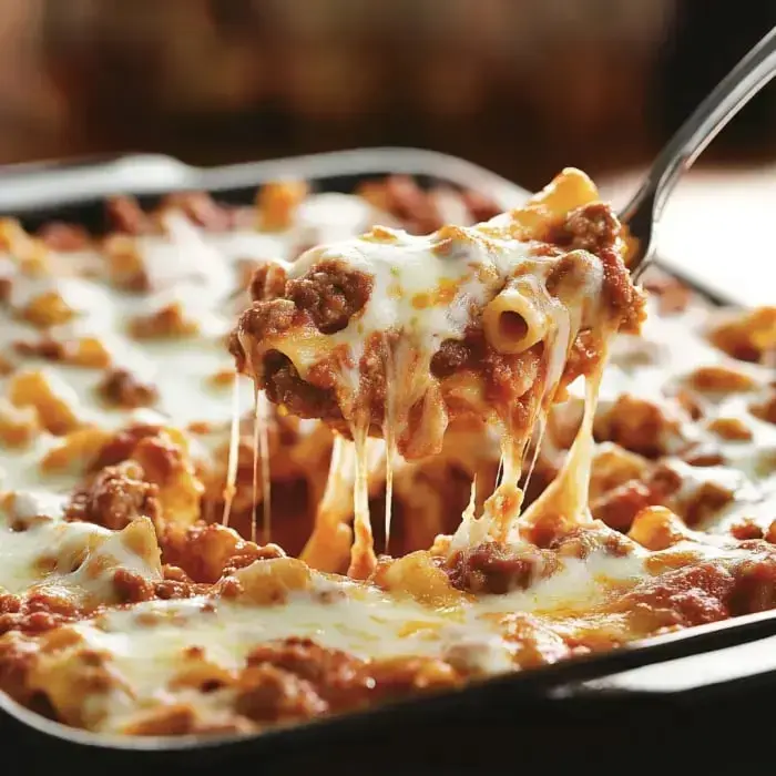 A spoonful of cheesy baked pasta with meat sauce is lifted from a dish, showcasing its gooey texture.