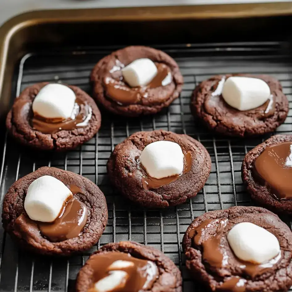 A tray of freshly baked chocolate cookies topped with melted chocolate and a marshmallow.