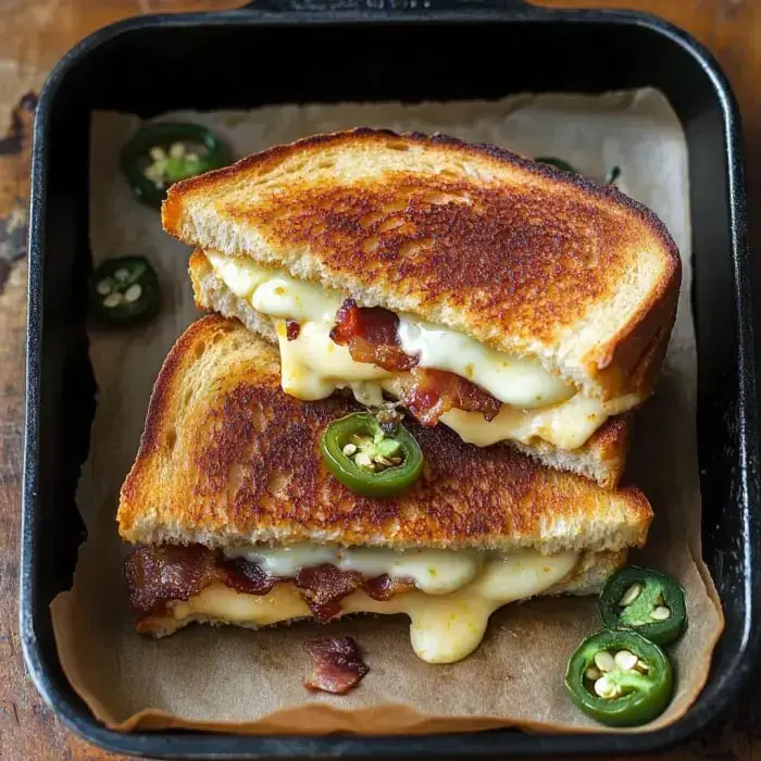 A close-up of a perfectly toasted grilled cheese sandwich with bacon, stacked and garnished with sliced jalapeños.