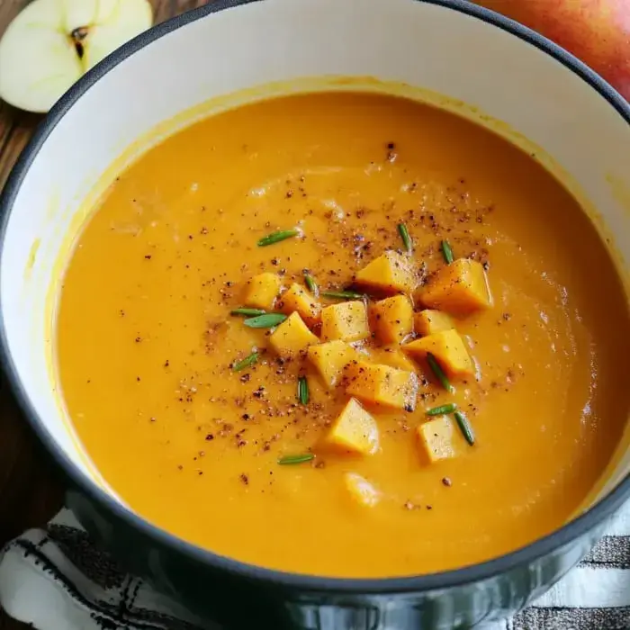 A bowl of creamy orange soup topped with diced vegetables and herbs, with an apple partially visible in the background.