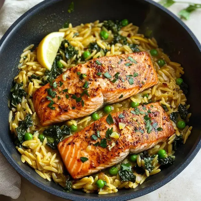 A pan of orzo pasta topped with two pieces of grilled salmon, garnished with parsley and served with peas and kale, alongside a slice of lemon.