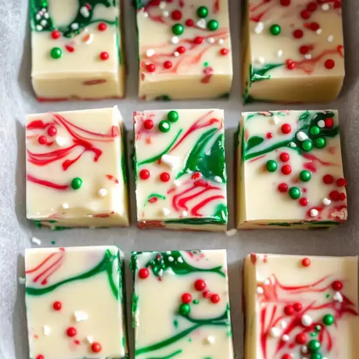 A top-down view of colorful holiday-themed fudge squares decorated with red, green, and white sprinkles.