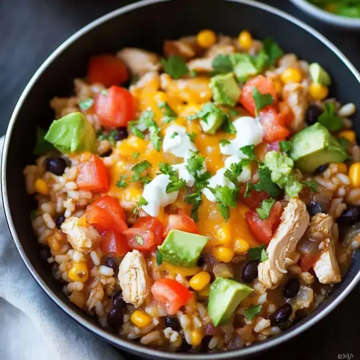 A colorful bowl of rice topped with shredded chicken, black beans, corn, diced tomatoes, cheese, avocado, and sour cream, garnished with fresh cilantro.