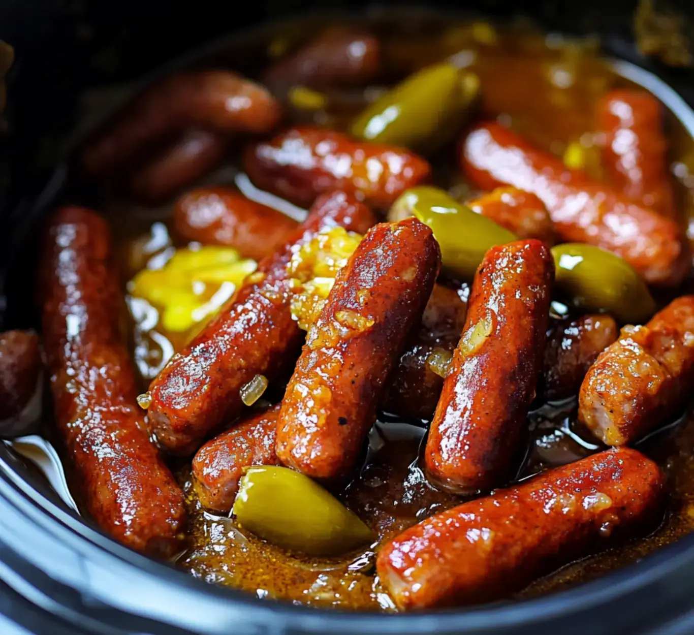 A close-up of cooked sausages in a savory sauce, garnished with diced onions and green peppers in a slow cooker.