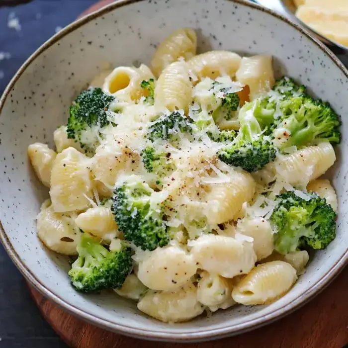 A bowl of creamy pasta mixed with broccoli and topped with grated cheese.