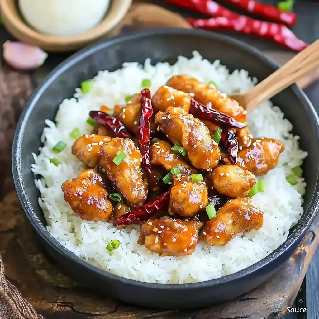 A black bowl filled with white rice topped with tangy, glazed chicken pieces, dried red chilies, and green onions.