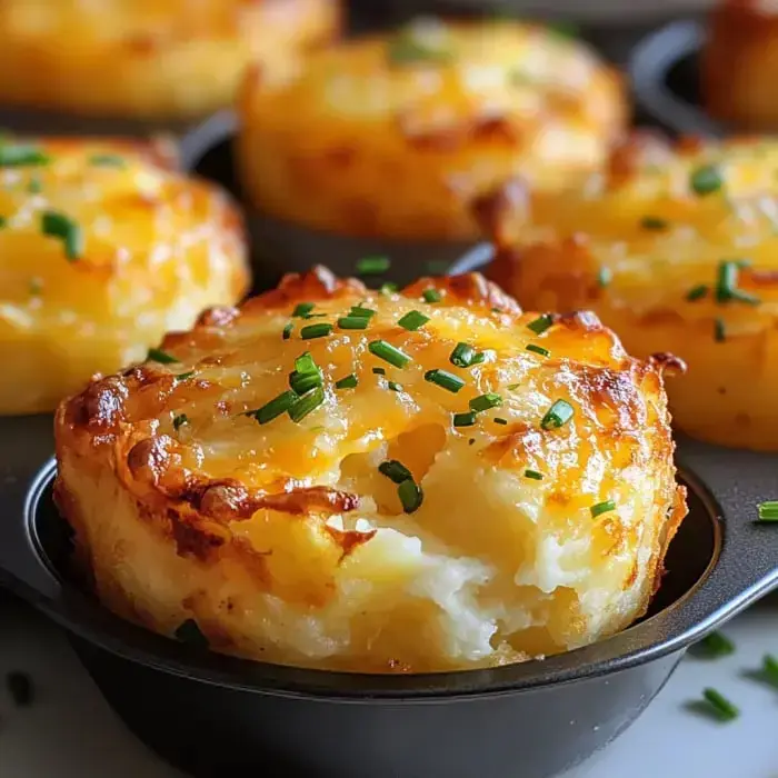 A close-up of golden-brown, cheesy potato cakes garnished with chopped chives in a muffin tin.