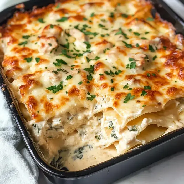 A creamy, cheesy lasagna with layers of pasta and spinach, topped with melted cheese and fresh parsley.