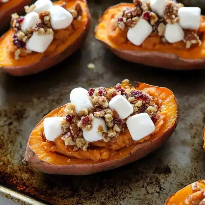 Baked sweet potatoes are topped with marshmallows, crushed pecans, and a crumbly topping on a baking tray.