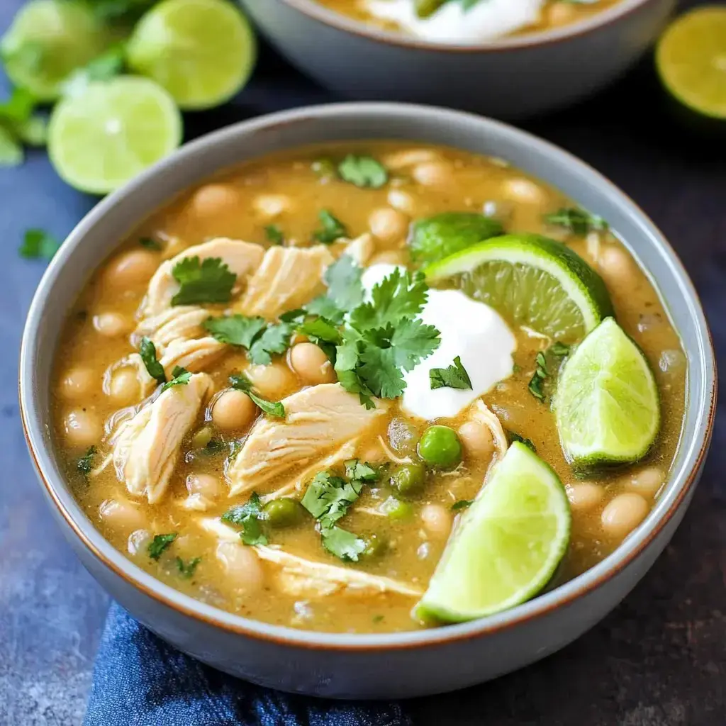 A bowl of green chicken chili topped with cilantro, lime wedges, and a dollop of sour cream.