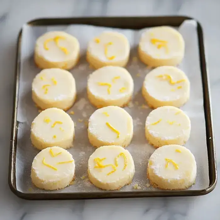 A tray displaying circular lemon-flavored cookies with a sugar coating and thin strips of yellow zest on top.