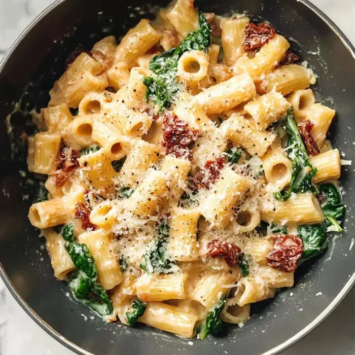 A bowl of rigatoni pasta with spinach and sun-dried tomatoes, topped with grated cheese and black pepper.