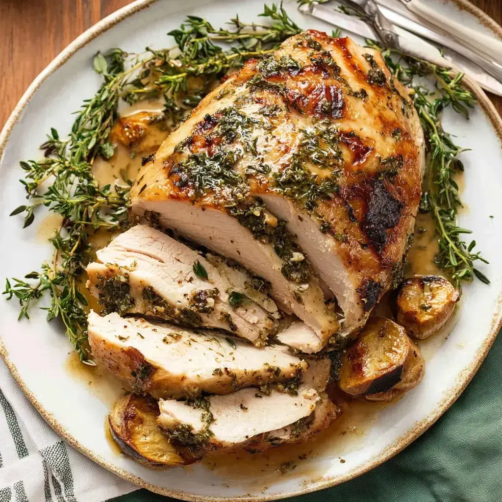 A sliced roasted turkey breast with herbs and gravy, garnished with fresh thyme, on a plate.