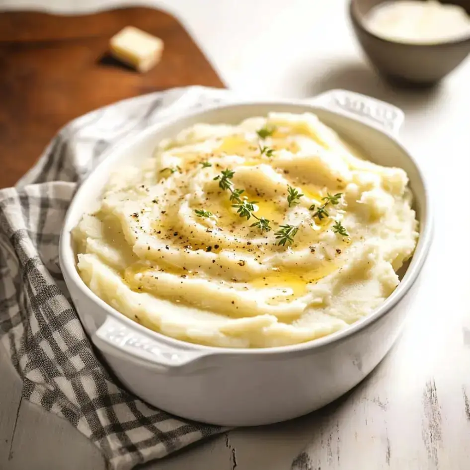 A white dish of creamy mashed potatoes drizzled with olive oil, garnished with fresh thyme and black pepper, sits on a checkered cloth.