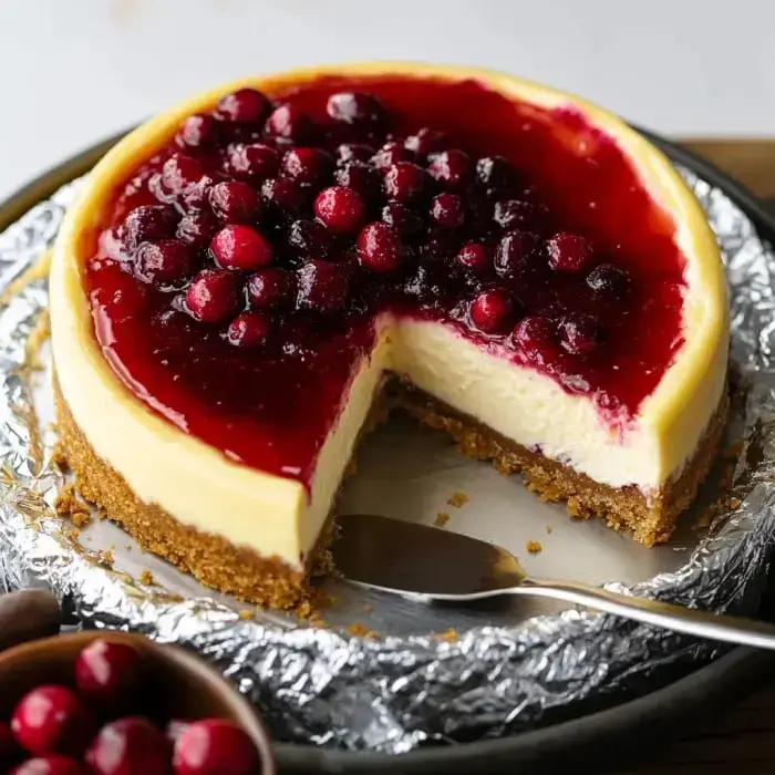 A sliced cheesecake topped with a layer of cranberry sauce and whole cranberries sits on a silver platter.