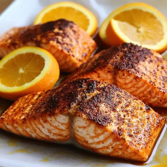 Grilled salmon fillets are arranged on a plate alongside fresh lemon slices.