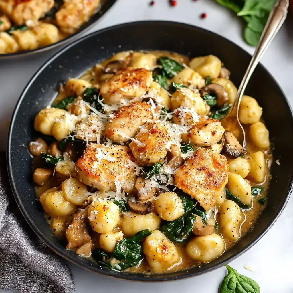 A bowl of gnocchi topped with sautéed chicken, spinach, and mushrooms, garnished with grated cheese.