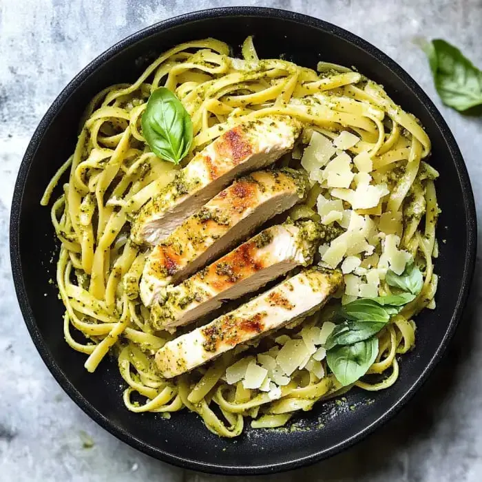 A black bowl filled with pesto pasta topped with sliced grilled chicken, shaved parmesan, and fresh basil leaves.