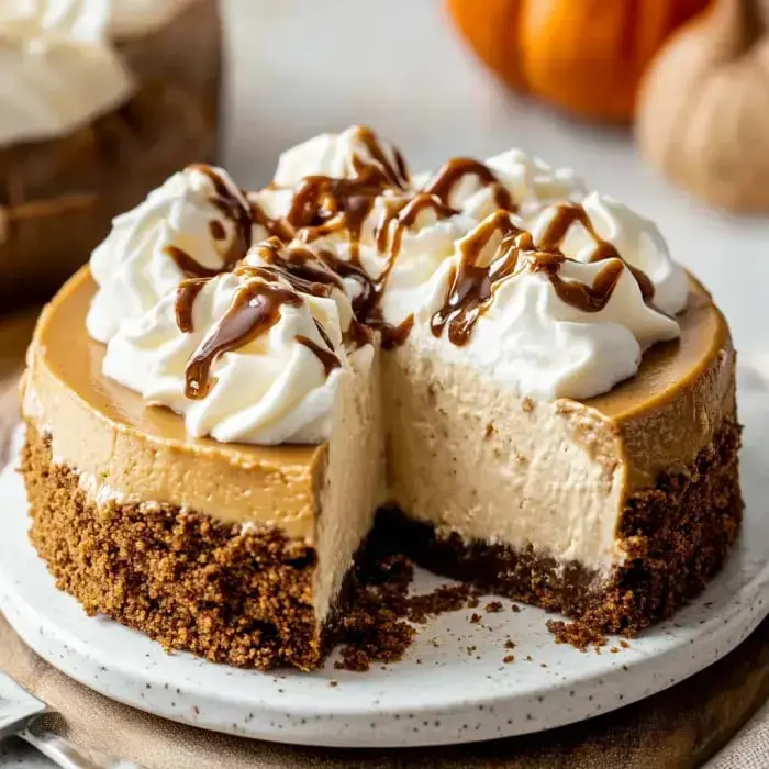 A slice of creamy pumpkin cheesecake with whipped cream and chocolate drizzle, sitting on a speckled plate.