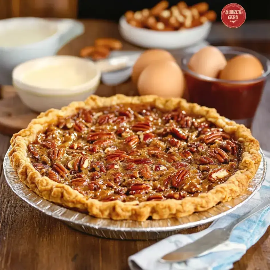 A freshly baked pecan pie is displayed on a wooden table, accompanied by bowls of ingredients including eggs and cream, and a glass of syrup.