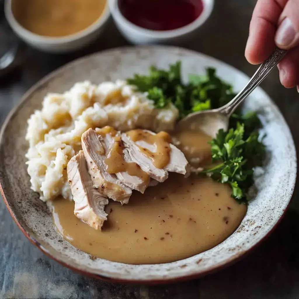 A plate of mashed potatoes and sliced turkey covered in gravy, garnished with fresh parsley, alongside small bowls of sauces.