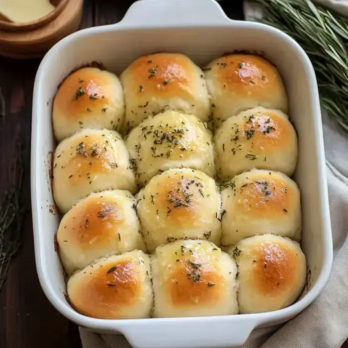 A freshly baked dish of golden-brown dinner rolls sprinkled with herbs, arranged neatly in a white baking dish.